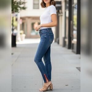 ETIENNE MARCEL Blue Signature Skinny Crop Denim Jeans Red Ankle Zip Mid Rise 25